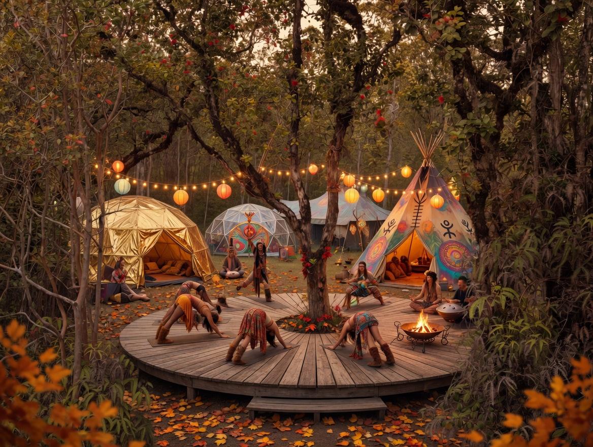Design vision: octagon deck around a center ohia, tents in a ring